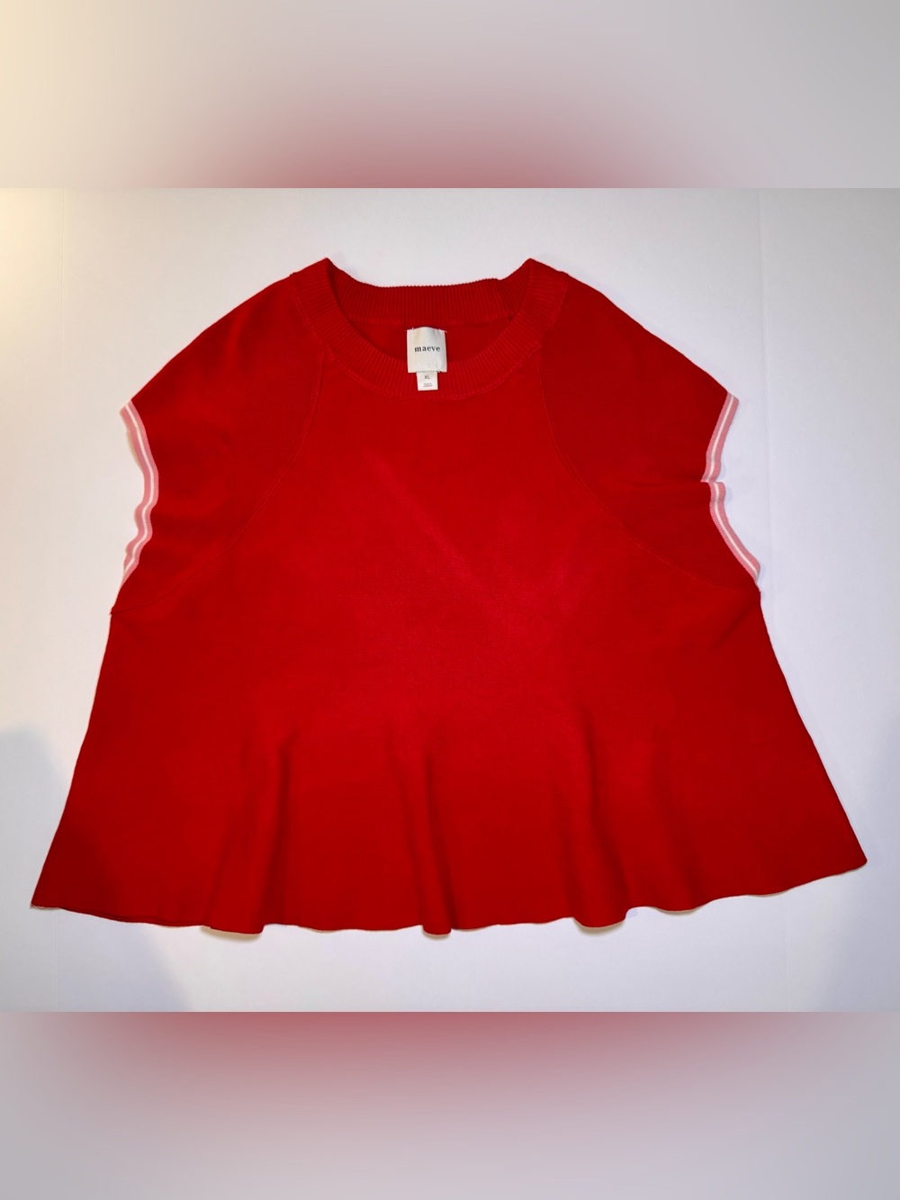 Maeve Anthropology Red Crewneck Short Sleeve Knit Top with Stripe Detail Peplum